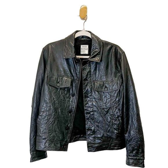 Zadig & Voltaire Kase Lambskin Crinkled Leather Coat Button Down Jacket Small - Picture 2 of 9
